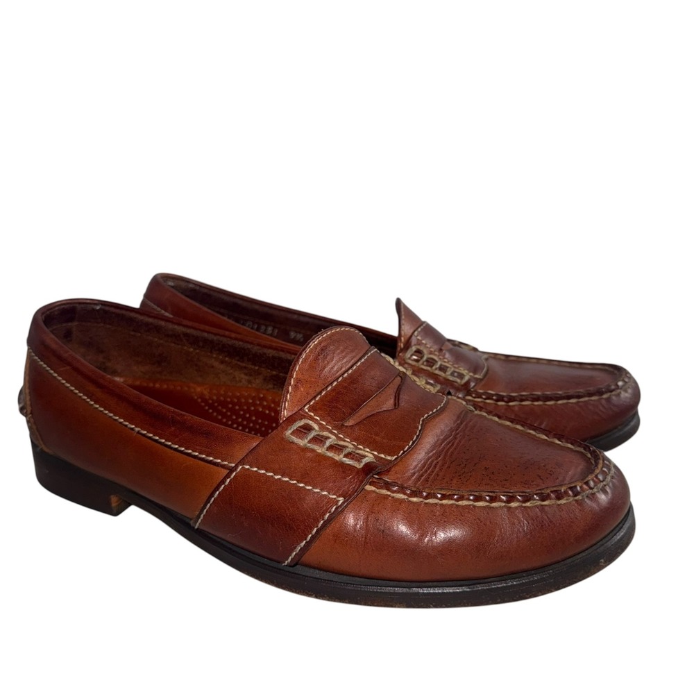 Cole Haan Country Mens 9.5 D Cognac Brown Leather Penny Loafers Contrast Stitch